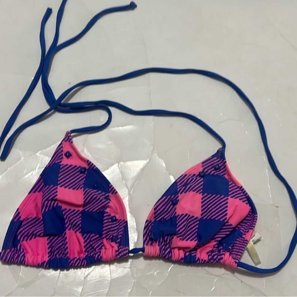 O’neill Large Blue & Pink Plaid Y2K Studded Sexy Bikini Top Women Summer